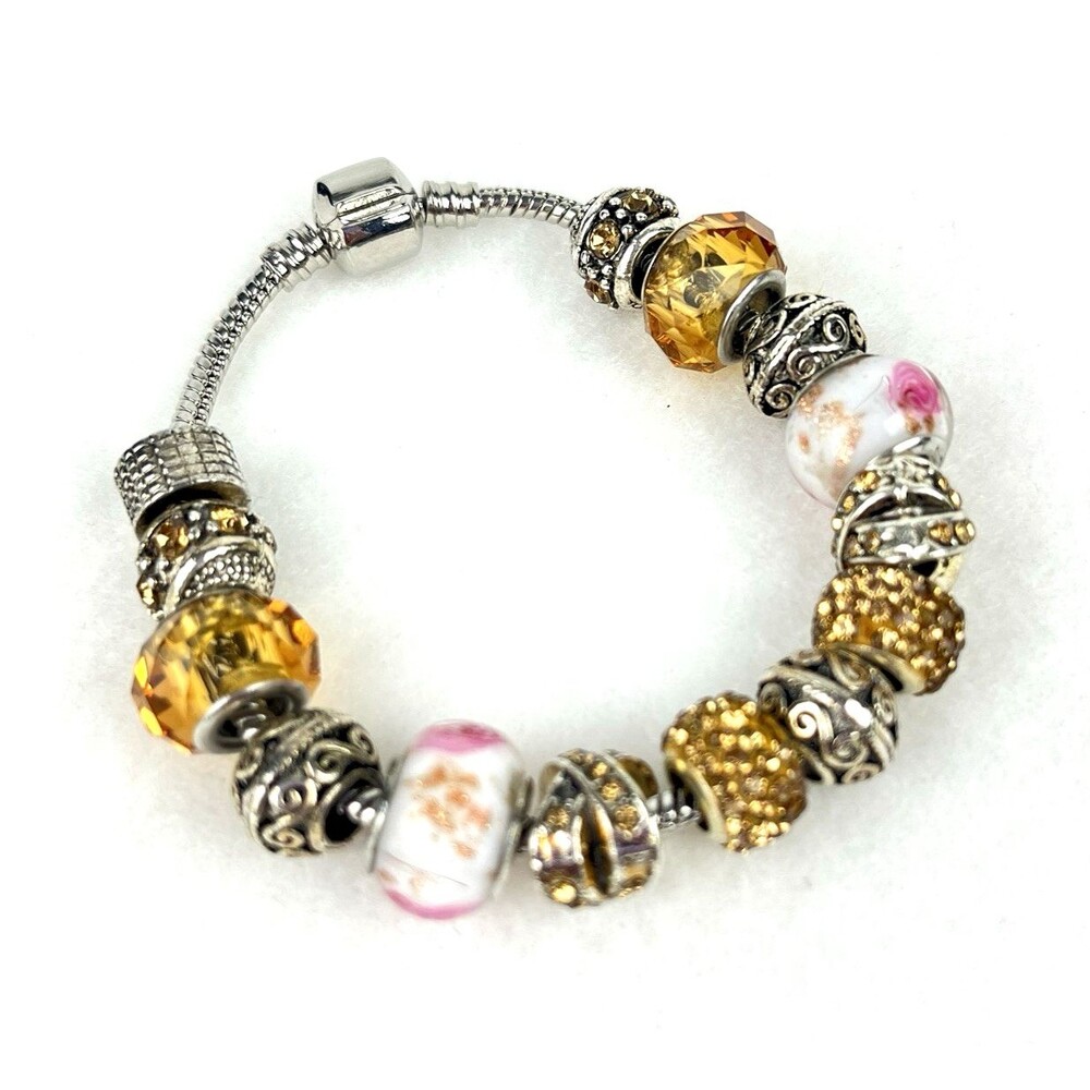 Glass Lampwork Bead Charm Bracelet Pink Floral silver tone Snake chain 6in